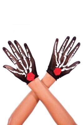sexy MUSIC LEGS skeleton HAND bones ROSES print FISHNET net SHORT wrist GLOVES