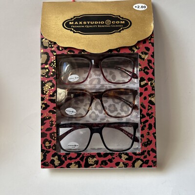 MAX STUDIO PREMIUM 3-PACK READING GLASSES READERS  +2.00 NEW AUTHENTIC