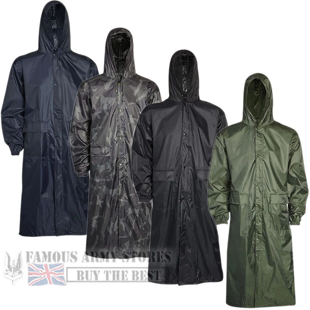 Mens Waterproof LONG Rain Jacket Coat Kagoul Wet Work Army