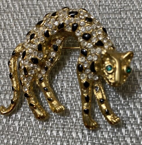 broche strass vintage épingle léopard noir pierre d'or yeux verts bijoux costume - Photo 1/7