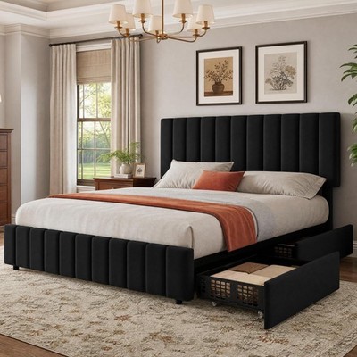 Garvee Full Size Bed Frame, Linen Upholstered Platform Bed Frame with 4 Stora...