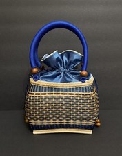 Handmade Bamboo Woven Handbag Blue Straw Basket Purse Thai Pattern NWT