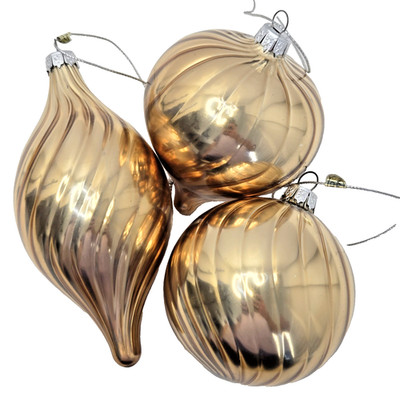 Wavy Texture Glass Christmas Ornaments Gold Holiday Tree Bauble Lot of 3