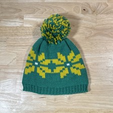 Women Knit Green Yellow Pom Pom Beanie Warm Winter Ski Hat Classic Pattern