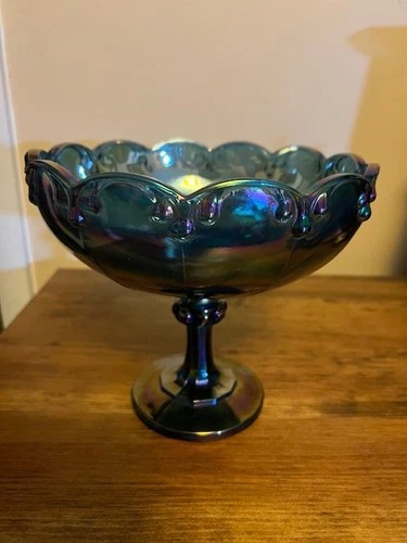 Vintage Indiana Glass 7.5" Blue Iridescent Carnival Pedestal Compote 1970s