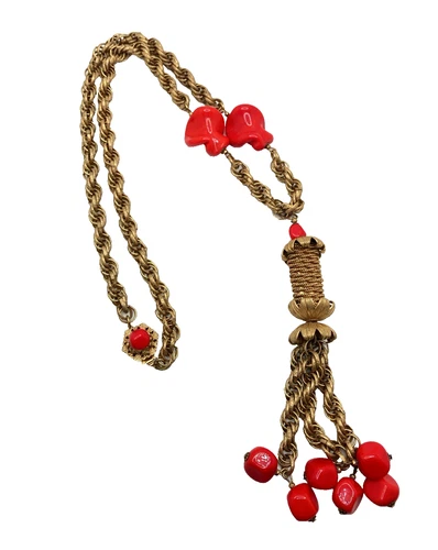 Vintage Gold-Toned & Red Tassel Miriam Haskell Necklace 24.5"