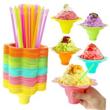 Jnnzzggu 200Pcs Colorful Flower Snow Cone Cups with Spoon Straws, Plastic 4OZ