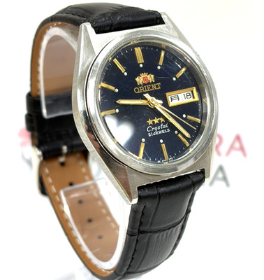 Orient 3 Star Crystal Blue Sunburst Dial Day Date 21J Automatic Watch Japan