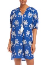 Karen Kane Large Blue Embroidered Cotton Tassel Floral Dress Vacation Cruise