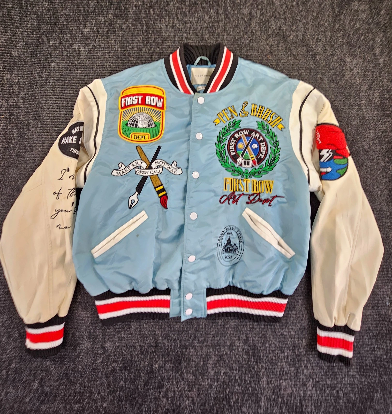 First Row Jacket Pen & Brush Varsity Jacket Mens Medium Sky Blue Quilted Lined - product detail image 1