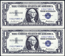 USPC TWO (X2) FR#1619 $1 1957 SILVER CERTIFICATES, UNC (GEM) WITH SEQ SERIAL#'s