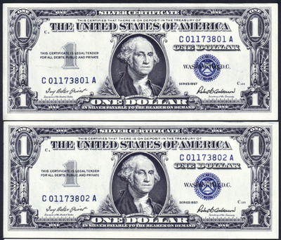 #ad USPC TWO X2 FR#1619 $1 1957 SILVER CERTIFICATES UNC GEM WITH SEQ SERIAL##x27;s $29.99