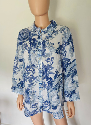 Chico's Women's White/Blue Paisley No-Iron 100% Linen Shirt 4, 20, XXL
