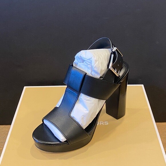 Michael Kors Becker T-Strap Black Leather Sandals Shoes Heels Pumps 10 NEW  | eBay