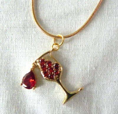 Small Wine Glass Pendant Charm Necklace Red Zircon Crystals wineglass drop NICE