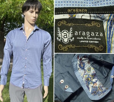 ARAGAZA chambray shirt paisley contrast cuffs made in BARCELONA SPAIN mens small
