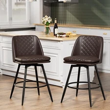 26" Bar Stools Set of 2 Swivel with Back 2-Layer Upholstered Faux Leather Brown