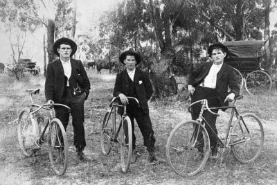Maryborough District, Victoria, 1905 Drei Männer mit Fahrrädern im Busch 4x6 Foto