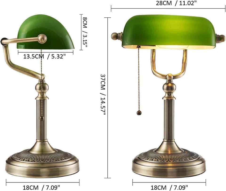 Bronze Green Banker Desk Lamp Pull Chain Switch Glass Light Satin Brass Fixture - Image 2 of 4
