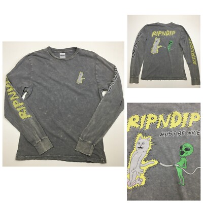 RIPNDIP Men's sz Small Gray Multi-Color MUST BE NICE Cat Alien Print Shirt