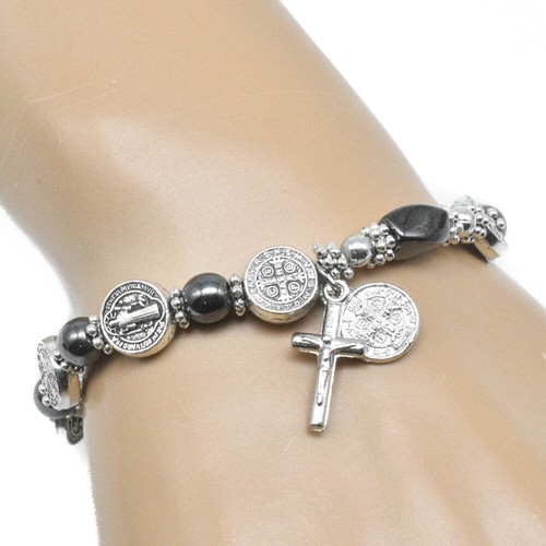 Heiliger Benedikt Medaillen Hämatit Perlen Stretch Rosenkranz Armband mit Kreuz Hänger - Bild 4 von 5