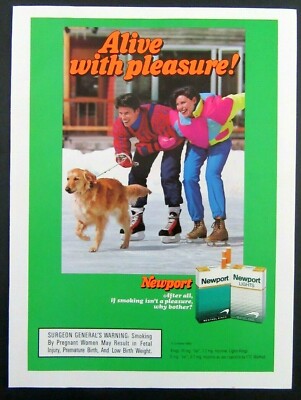 1992 NEWPORT & NEWPORT Lights Menthol Cigarettes Magazine Ad - Dog Ice Skating
