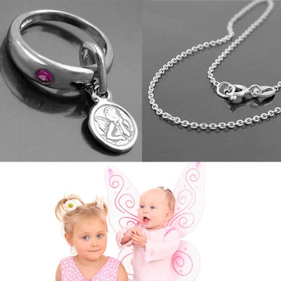 FACHHANDEL-DIREKT Mädchen Schutzengel Taufring Zirkonia Stein rot mit 38 cm Kette Echt Silber 925