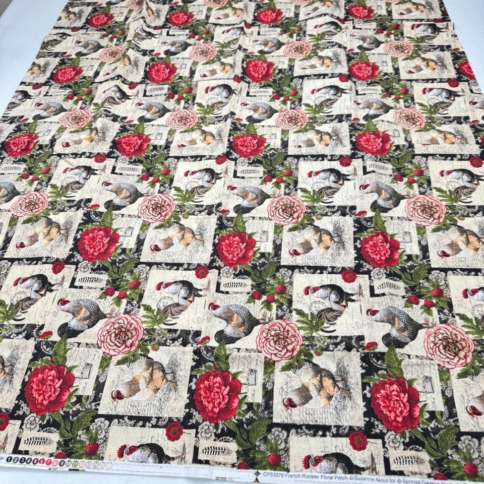 springs creative fabric quilting cotton green red rooster roses 43x69 1.9 yard - Image 2 of 4
