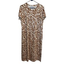 Nine West Midi Dress Brown Zebra Print Casual T-Shirt Dress Large