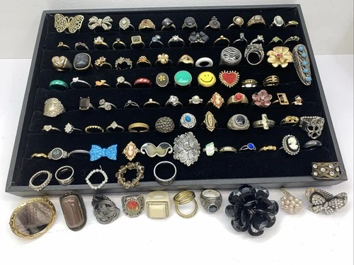 Lot of 100 Vintage to Now Rings Variety of Sizes Styles Colors Costume Jewelry