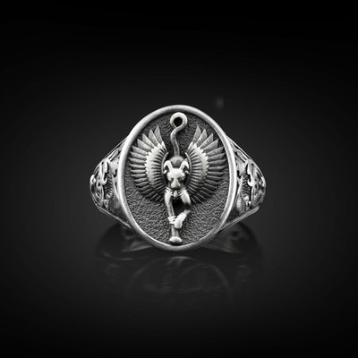 925K Silver Bastet Ancient Goddess Signet Men Ring, Egyptian Mythology Fantasy