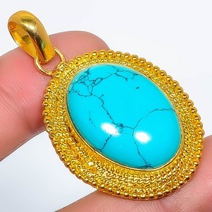 Authentic Santa Rosa Turquoise Gemstone 925 Silver Gold Plated Pendant 1.95" P622-490