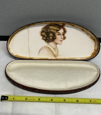 Antique 1920s Pearl Jewelry Box Flapper Women Portrait Faux Shagreen Art Deco