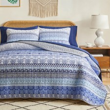 3 Pieces Colorful Boho Quilt Set King Size, Blue n Grey Bohemian Striped Prin...