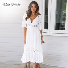 S White Lace-Up Summer Bohemian Dress