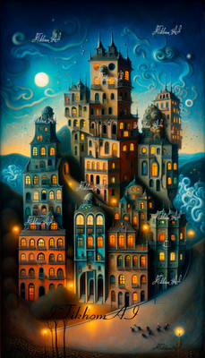 Digital Art Painting Cityscape Houses Moon Night Street Lights Wallpaper Decor