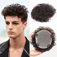 Natural Brown Curly Topper Human Hair Clip in Wiglet Hair Pieces Toupee For Men