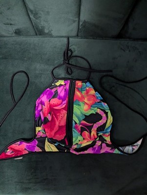 90s Je T'aime LA Tropical Floral Keyhole Halter Bikini Top High Neck Swim S