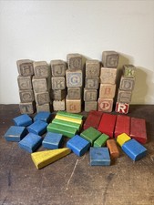 Lot Of 50 Vtg Wood Blocks Building Letters Shapes Worn