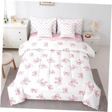 Pink Bow Comforter Set with Sheets Size Kids Cartoon Bowknot Queen Pink White