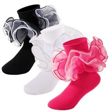 Toddler Girls Ruffle Socks Girl Black Lace Frilly Dress Socks Turn Cuff Sock ...