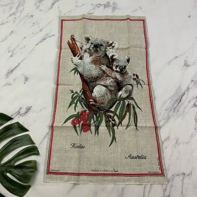 Vintage 70s Koala Australia Souvenir Linen Tea Towel New Gray Red Floral Heil