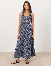 PACT Organic Fit Flare Open Back Maxi Dress, Paradise Petals Navy Blue