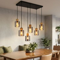 LED Pendelleuchte HäNgelampe Wohnzimmerlampe 6-Flammig Schwarz Holz Glas H 120Cm