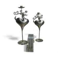 Silvertone Etched Reindeer Candlestick Holders with Box of 6 Candlesticks