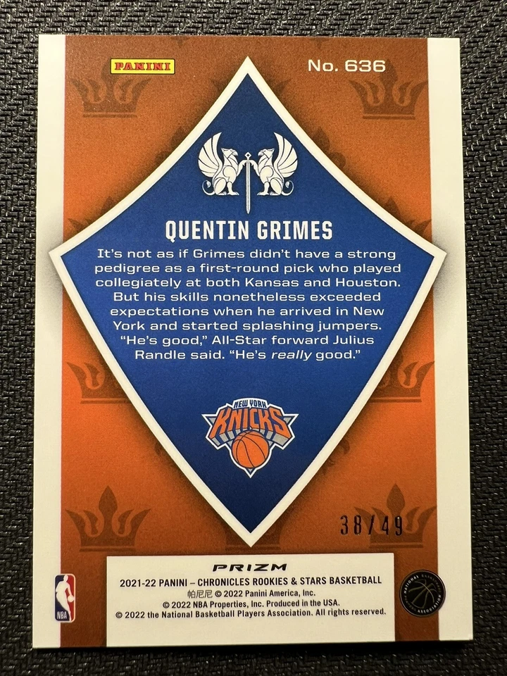 2021-22 CHRONICLES ROOKIE & STARS CRUSADE QUENTIN GRIMES Rookie PURPLE RC /49 NY - Image 2 of 2