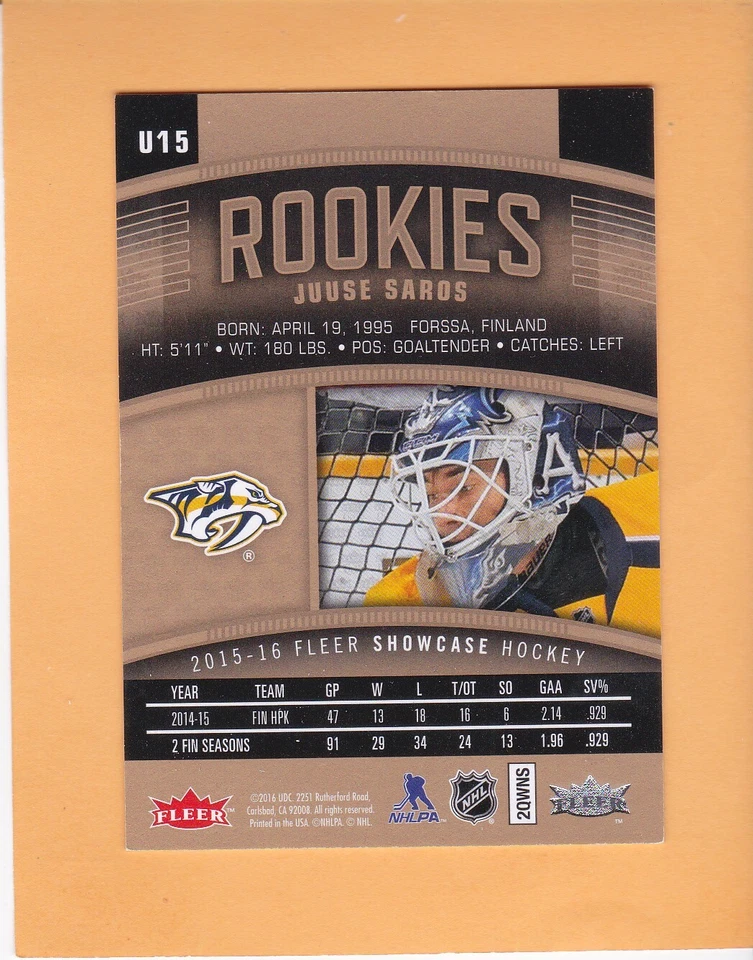 JUUSE SAROS 2015-16 FLEER SHOWCASE ULTRA ROOKIES SP 699 NASHVILLE PREDATORS #U15 - Image 2 of 2