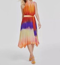 Tahari ASL Women's Orange Ombré Pleated Mock Neck Self-Tie Dress Size 8