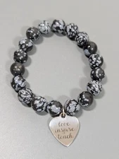 Beachy Boho Love Inspire Teach Black Gray Stone Charm Bracelet 6.5 in