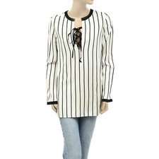 Tory Burch Striped Printed Tunic Top Long Sleeve Lace-Up Ivory Black XS 255270